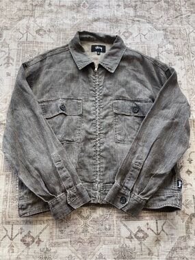 Stussy Boxy Gray Lightweight Linen Zip-Front Jacket